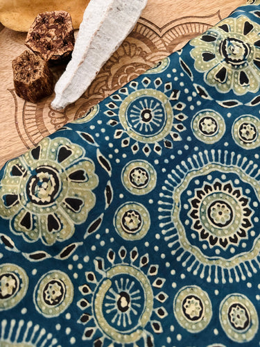 Ajrakh hand block printed modal silk saree | Blue & Green | Ships from California